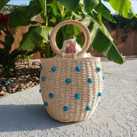 Boho Cottage Farm Straw Beaded Turquoise Blue Bucket Artisy Woven Handbag New - Picture 3 of 9